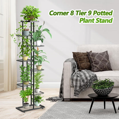 BueDeHai 8 Tier 9 Potted Metal Plant Stand Indoor, Black Plant Shelf Outdoor Flower Pot Holder Display Rack for Patio