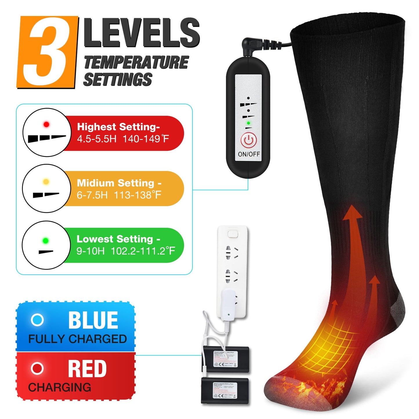 1 Pair Electric Heated Socks Rechargeable for Women - Washable Thermal Cotton Socks for Hunting Winter Skiing Fishing Outdoors, Black, M