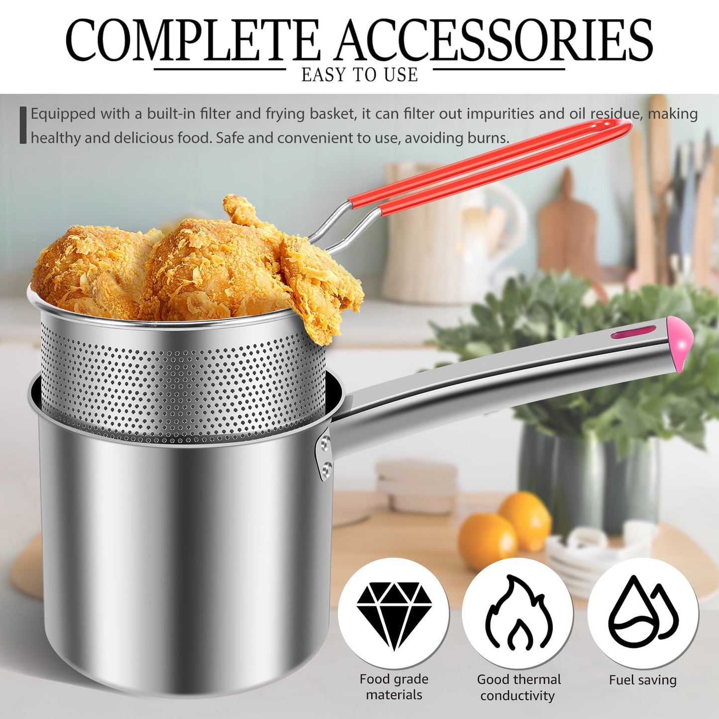 Deep Fryer Pot with Strainer Basket Stainless Steel Deep Frying Pot with Lid and Handle 1.8L Oil Mini Fryer Portable Deep Fryer Deep Fryer Oil Saver Deep Frying Oil Container for Cooking