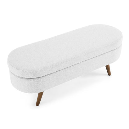 43.5" Oval Storage Ottoman Bench with Solid Wood Legs, Linen Fabric Upholstered Entryway Bench with Safety Hinge, Indoor Bench for End of Bed, Sofa Side, Entryway