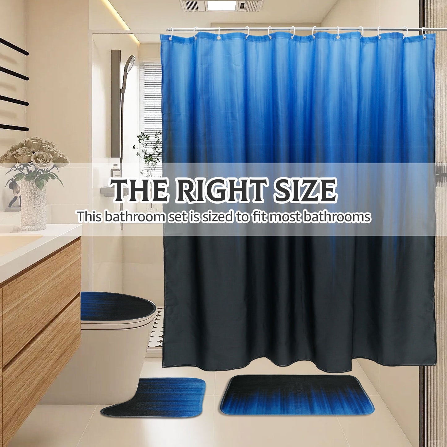 Dznils Black and Blue Ombre Shower Curtain Set with Rug, 16pc Modern Bathroom Decor Set, 72" x 72"