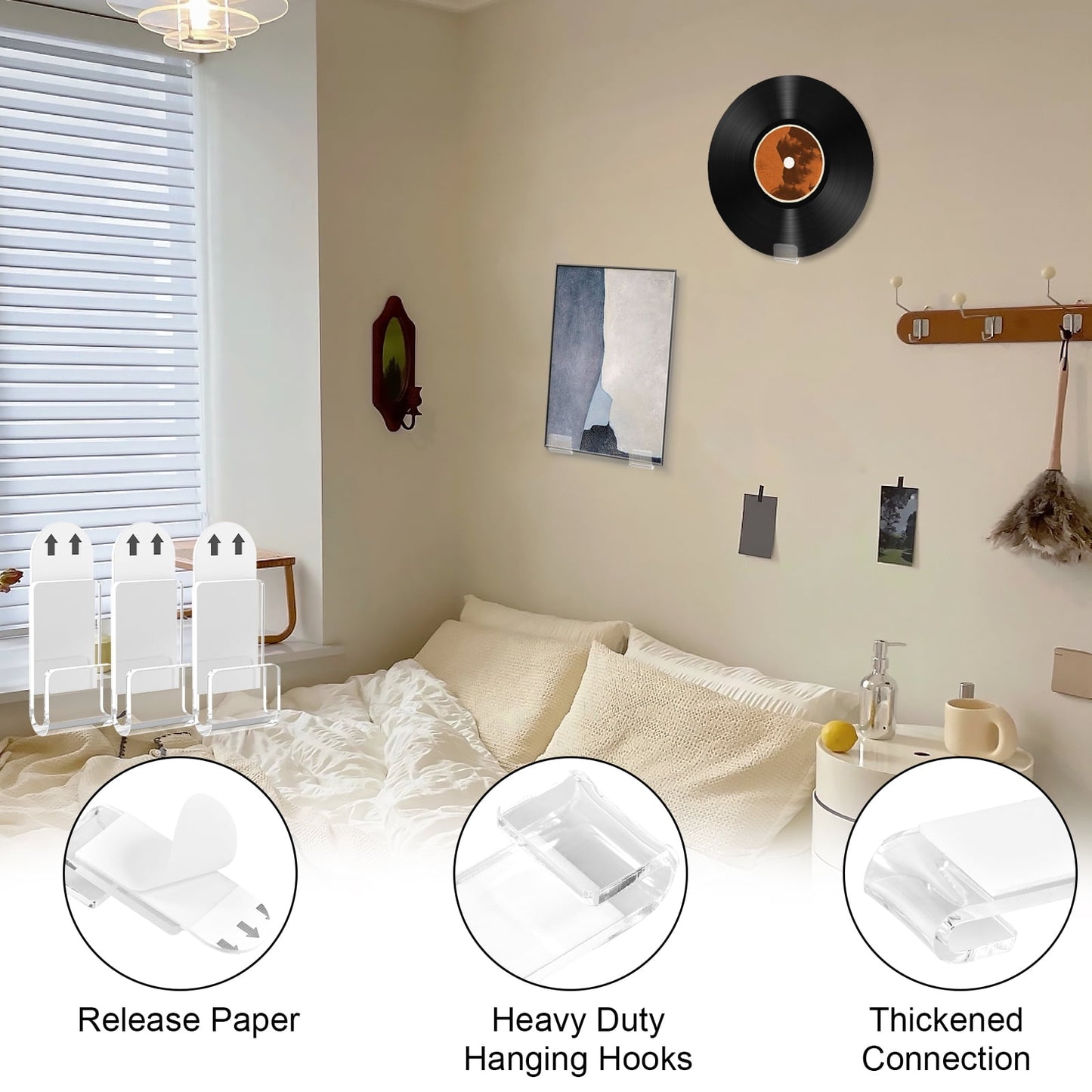 18Pcs Vinyl Records Wall Mount Self Adhesive Acrylic Records Holder Clear Vinyl Records Wall Display No Drill Vinyl Records Floating Shelves for Album Covers Home Decoration 1.57×0.78×0.2 in