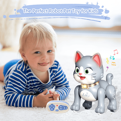 Adofi Remote Control Robot Pet, RC Stunt Toy Cat for Kids, Voice Robot Cat Toys with Programmable Interactive & Smart Dancing, Electronic Pets Toys for ages 5-7-Gray Cat