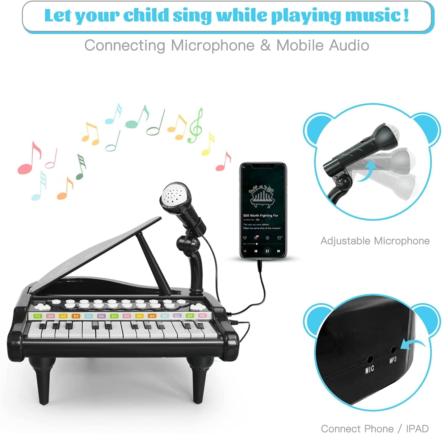 AIMEDYOU Kids Piano for Toddlers, 24 Keys Piano for Kids Ages 3-5 with Built-in Microphone & Music Modes, Educational Musical Instrument Toys Piano for Toddler Girl Toys Baby (Black)