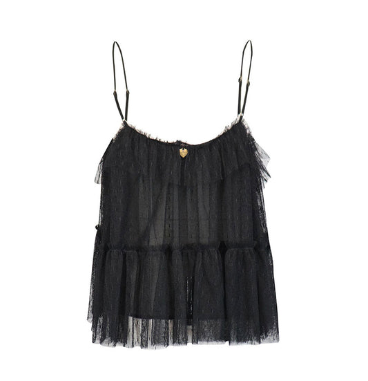 Women's Net Solid Ruffled Sleeveless Top Black