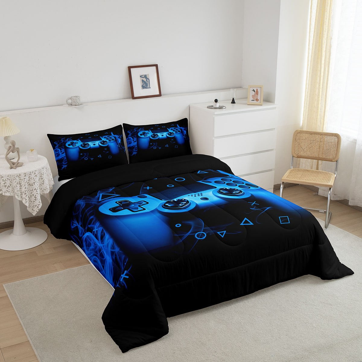 YST Blue Gaming Comforter Set Twin Size Gamer Comforter Teens Boys Video Game Decor Bedding Set Kids 2 Piece Console Game Controller Quilted Duvet Set Soft Black