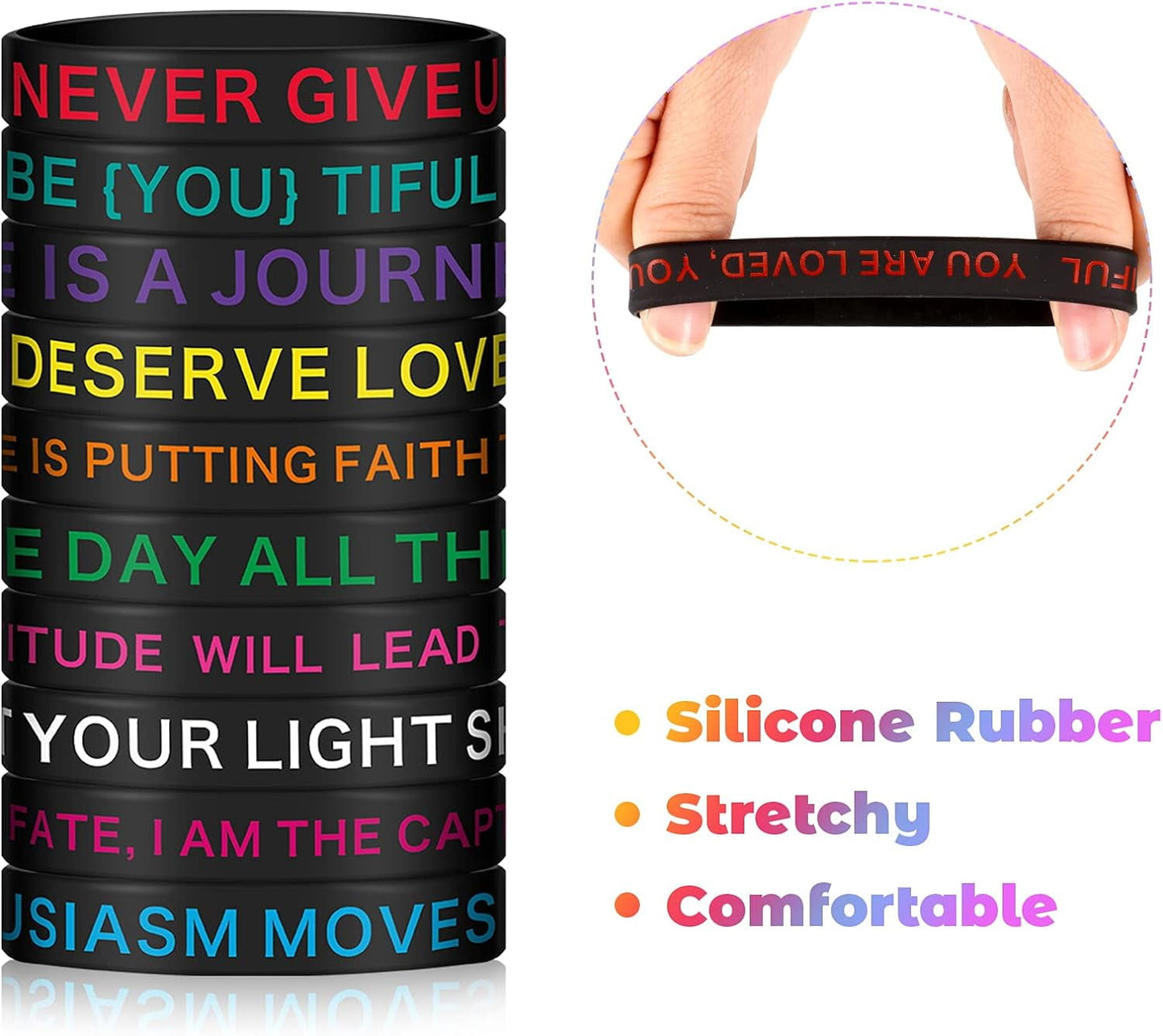 60 Pieces Motivational Quote Rubber Wristbands Colored Inspirational Silicone Bracelets Stretch Unisex Wristbands for Women Men Gifts, 20 Styles (Dark Colors)