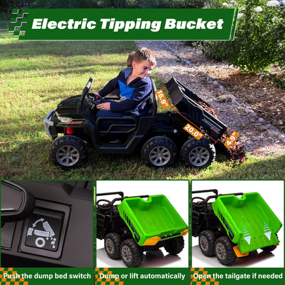 24V Ride on Toys UTV with Remote Control, 4WD 2 Seater Electric Cars for kids,Kids Ride on Dump truck w/ Tipping Bucket Trailer, Shovel, Spring Suspension, Bluetooth Music, Green