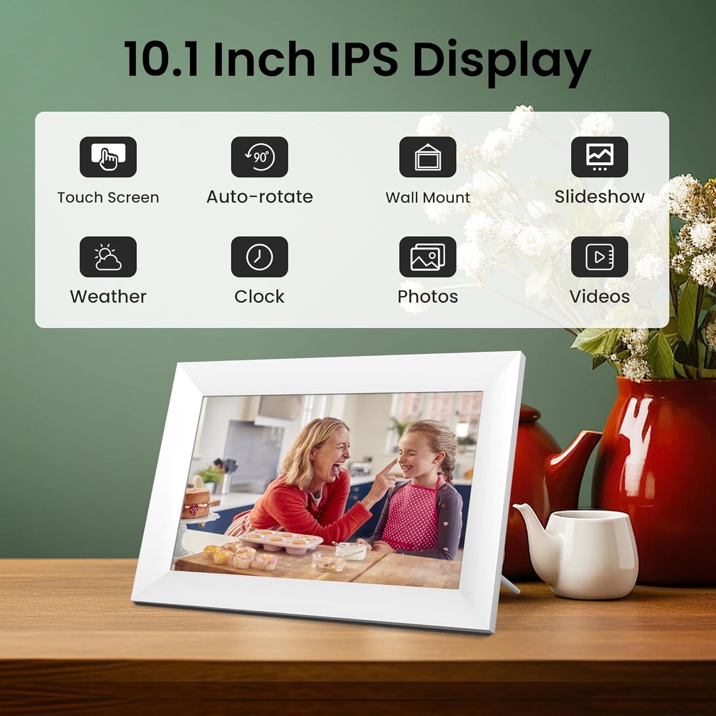 10.1 Inch WiFi Digital Picture Frame, IPS Touch Screen Smart Cloud Photo Frame with Built-in 16GB Storage, Auto-Rotate Easy Setup to Share Photos or Videos via AiMOR APP,Wall Mountable White