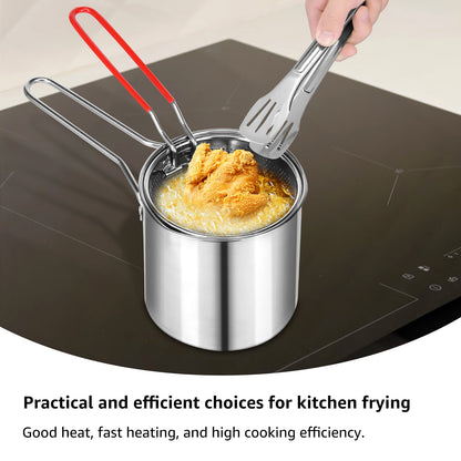 Deep Fryer with Strainer Basket and Handle Stainless Steel Fry Pot Durable Food Grade Outdoor Fryer with Lid Portable Food Cooking Pot for Frying Fish Shrimp Chicken and Fries