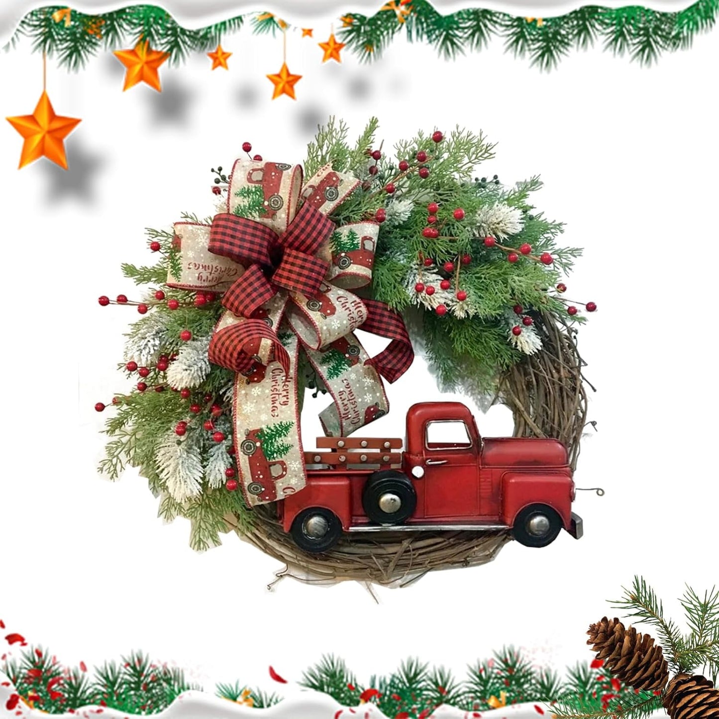 XTeduToys Christmas artificial Wreath Red Truck Decoration, Large Door Front Wreath, Door Hanging, Christmas Decorations, Home Decoration Wreath, Christmas Decor Supplies