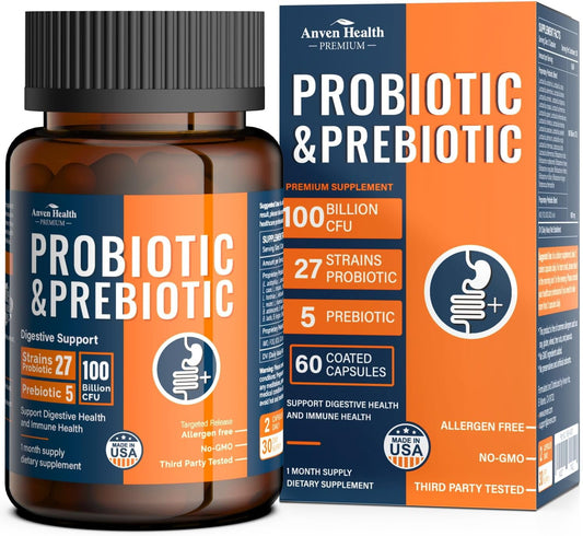 100 Billion Probiotics for Men and Women 27 Strains 5 Organic Prebiotics for Gut Digestive & Immune, Vegan Probiotic Supplement Formula丨60 Capsules