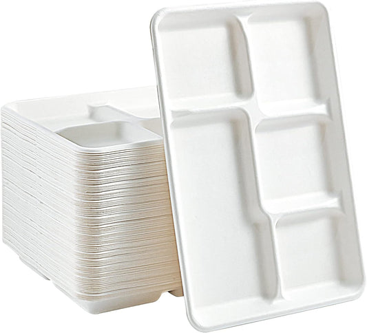 100% Compostable 5 Compartment Plates,50Pack Disposable Paper Plates,Heavy-Duty Biodegradable Sugarcane Plates,Eco-Friendly School Lunch Trays