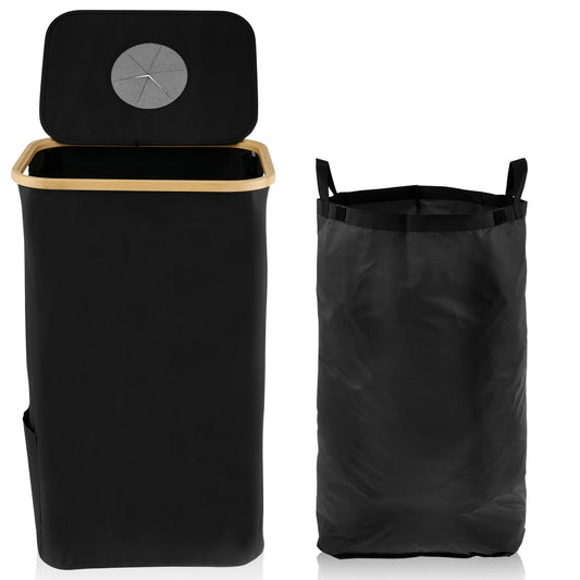 105L Recycling Bin Large Capacity Recycle Bin with Lid Removable Reusable Bag Foldable Collecting Bottle Can Portable Recycling Storage Container Bamboo Handle Recycle Bottle Bin for Kitchen Indoor