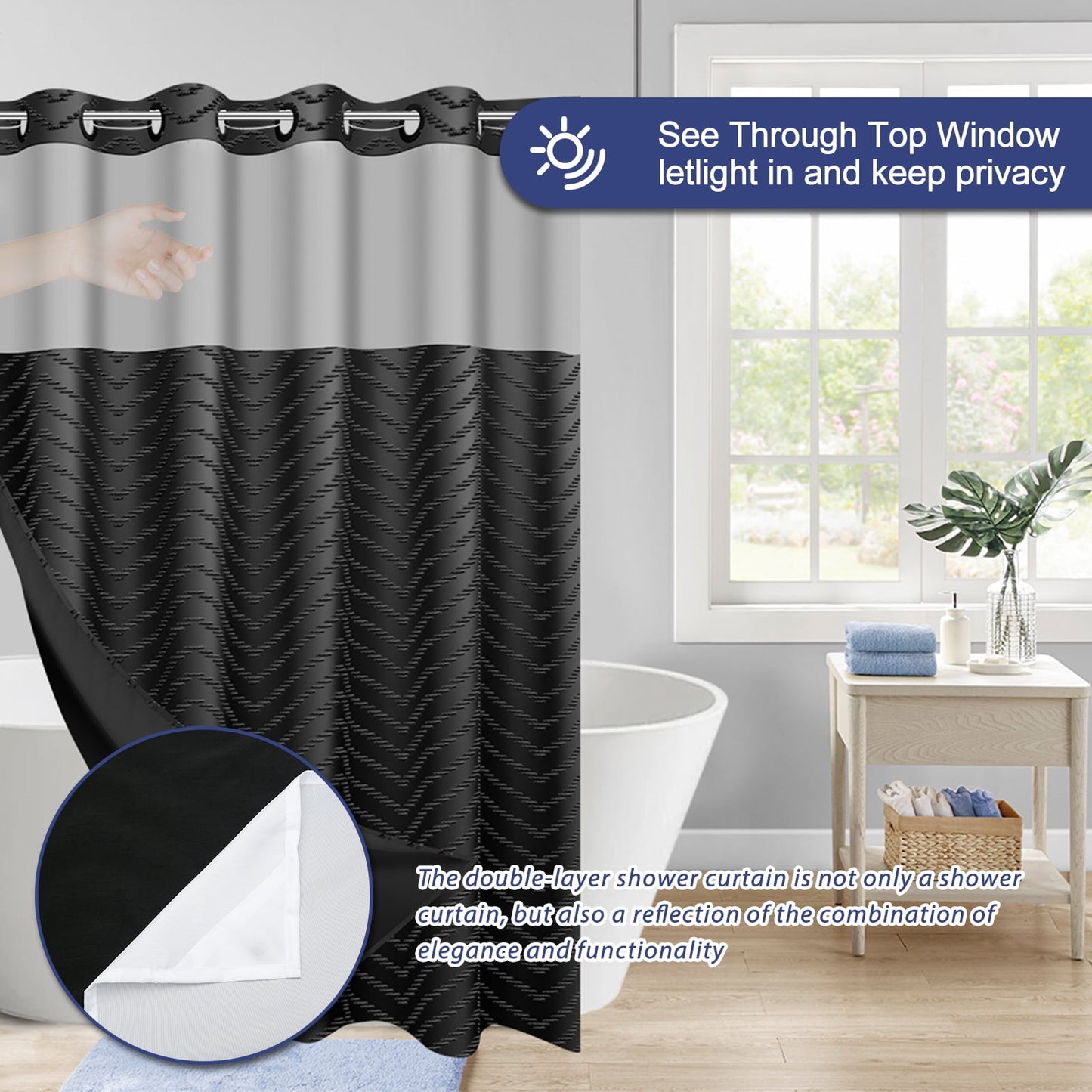 Dznils Black Fabric No Hook Shower Curtain with Snap in Liner, Tufted Chevron Textured, 72" x 74"