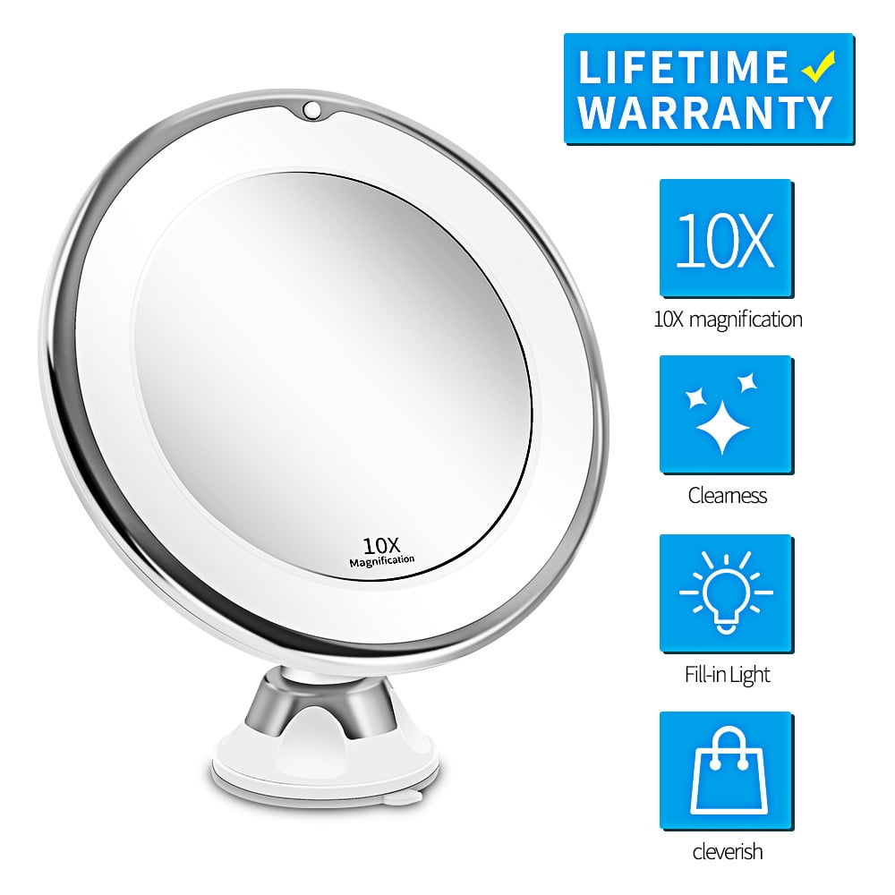 10x Makeup Mirror,Powerful Locking Suction Cup,and 360 Degree Rotating,Magnifying Mirror with Lights for Home, Bathroom and Travel (white)