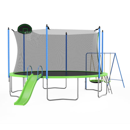 12FT Trampoline with Slide and Swings for Kids and Adults, Outdoor Recreational Trampoline with Basketball Hoop, Safety Enclosure and Ladder, Green