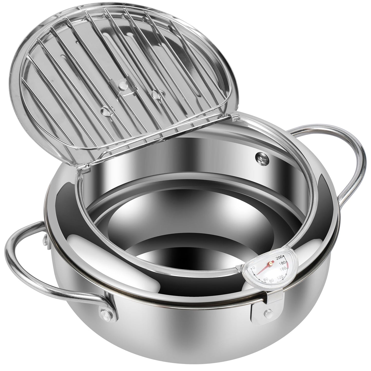 Deep Fryer Pot,Japanese Tempura Small Deep Fryer Stainless Steel Frying Pot With Thermometer,Lid And Oil Drip Drainer Rack for French Fries Shrimp Chicken Wings and Shrimp