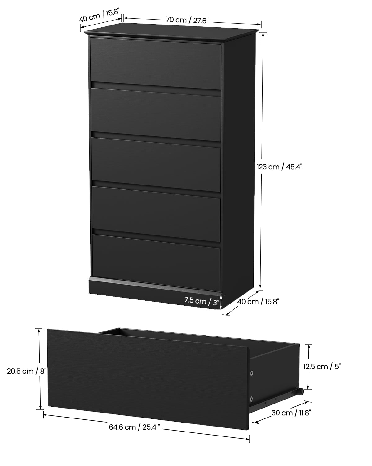 5 Black Drawer Dresser , Modern Tall Floor Storage Cabinet with Metal Sliding Rail, Wooden Handleless Drawer Cabinet, 5-Layer Large Capacity Vertical Dressers for Home & Office