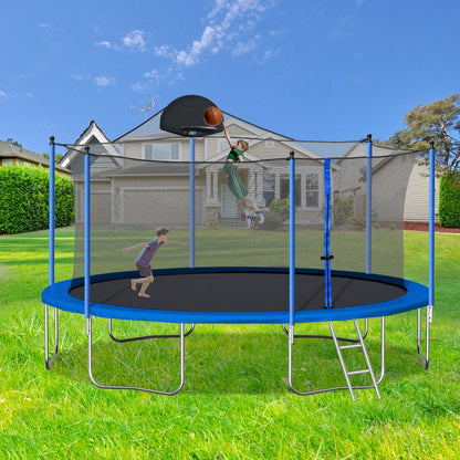 14FT Trampoline for Adults & Kids with Basketball Hoop, Outdoor Trampolines with Ladder and Safety Enclosure Net, 240 LBS Capacity, Powerful Bouncing Experience with Waterproof Mat