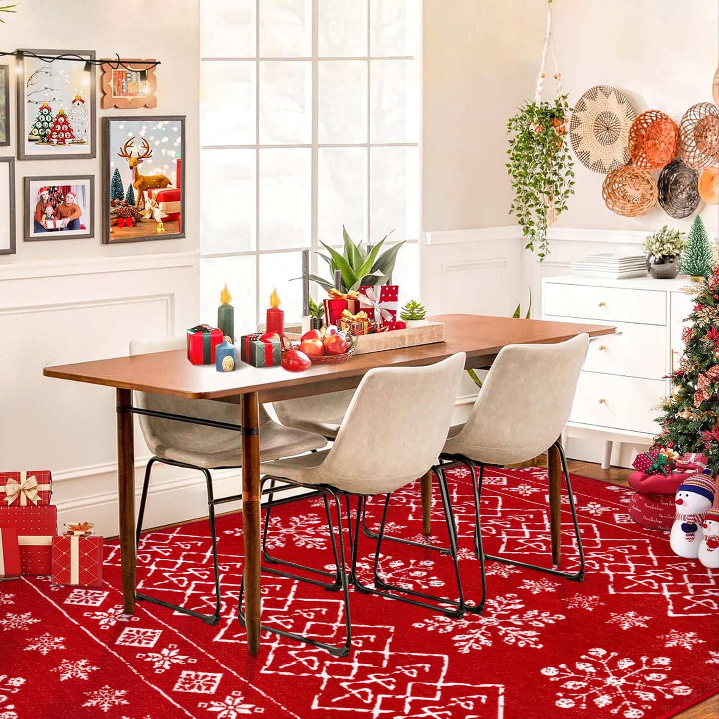 5'x7' Christmas Area Rugs for Living Room Kitchen Bathroom Bedroom Dining Room Entryway Laundry Room Washable Rugs Non-slip Boho Red Throw Rugs