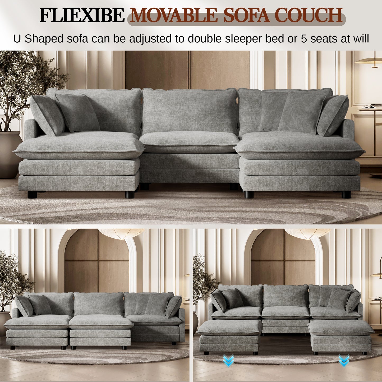 CoolHut U-Shaped Sectional Sofa Set with 2 Ottoman, 3 Seats Sofa Couches with 5 Pillows, Modern Oversized Sofa Set for Living Room, Gray