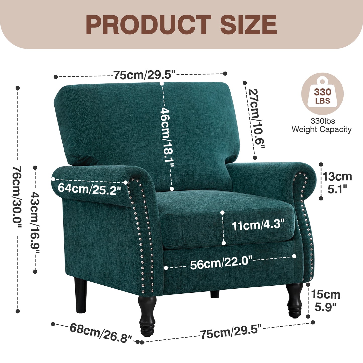 CoolHut Modern Accent Chair Armchair, Fabric Upholstered Comfy Single Sofa with Solid Wood Frame for Living Room, Green