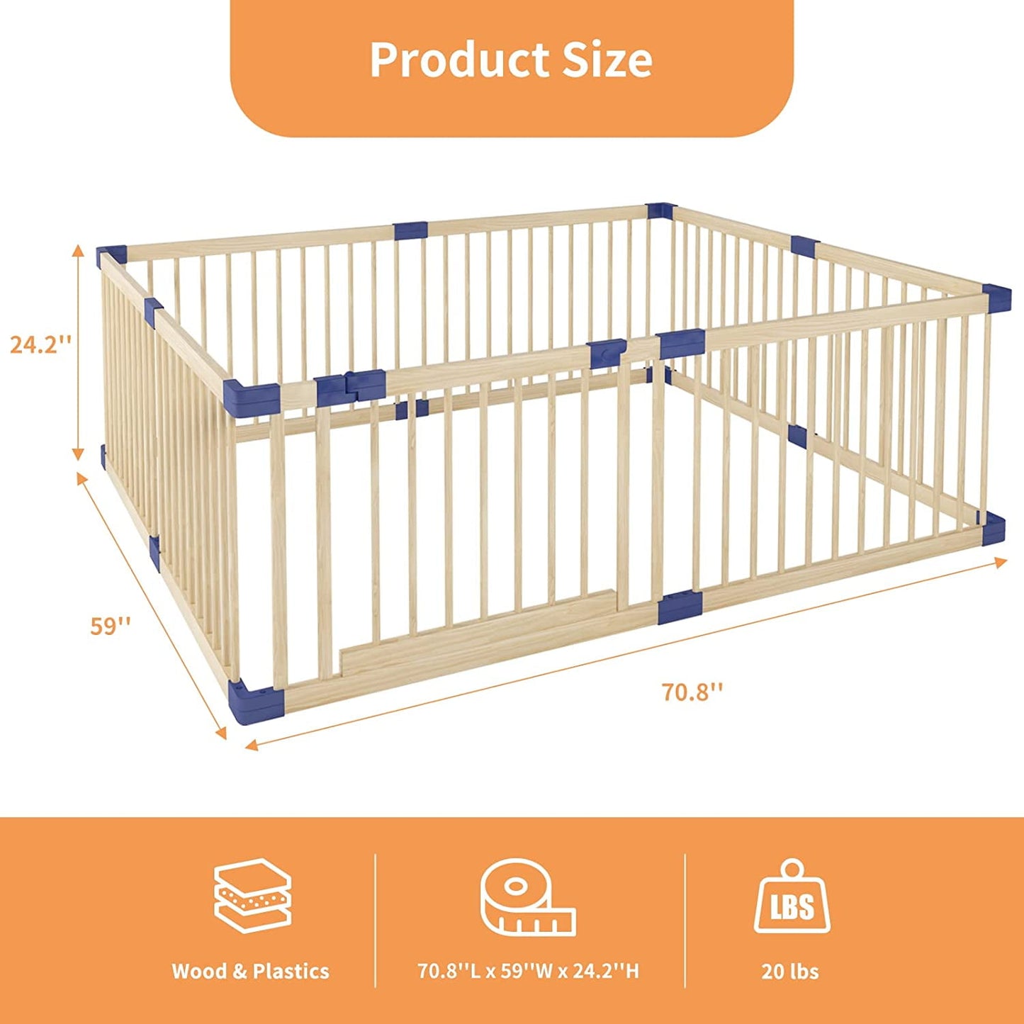 DEYGIA Baby Playpen, Wooden Baby Playpen with Safety gate, 70.8"x59" Extra Large Playpen for Babies and Toddlers, Baby Play Yards, Playpen for Twins, Children, 100% Natural Wood