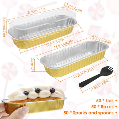 150Pcs Mini Loaf Pans with Lids and Spoons 200ml Non-Stick Aluminum Foil Loaf Pans Reusable Square Foil Bread Container Heat-Resistant Narrow Cake Baking Pans for Home Kitchen