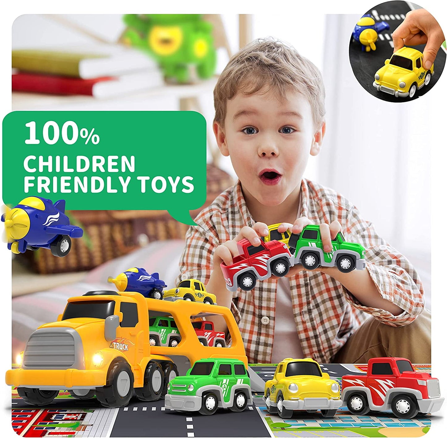 YCFUN Transport Car Carrier Truck with Light&Sound and Activity Play Mat for Kids Boys Girls, Vehicles Playset for Gifts Age 2-8