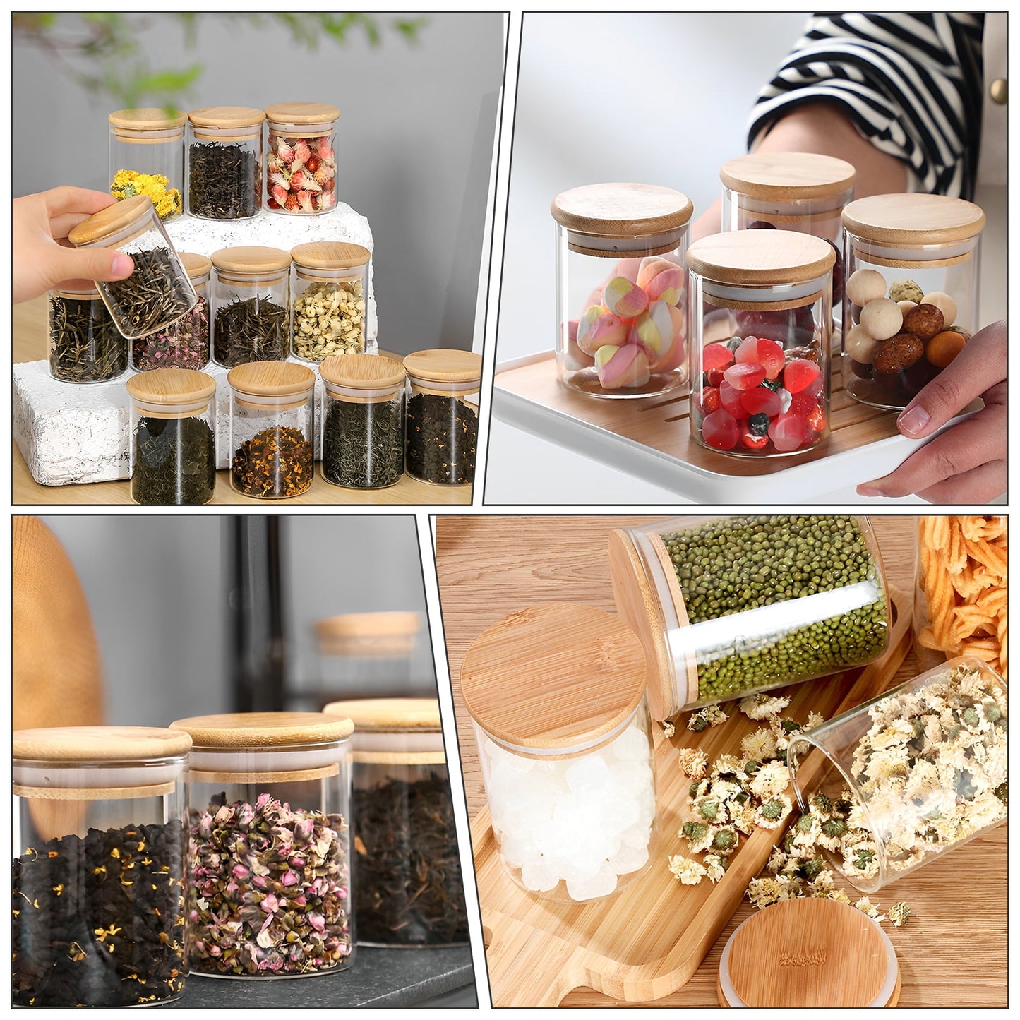 10Pcs Glass Storage Jars Set with Bamboo Lid Clear Glass Seasoning Container with Labels 6oz Spice Canisters Airtight Seasoning Storage Jar Heat Resistant Glass Storage Canister for Home Kitchen