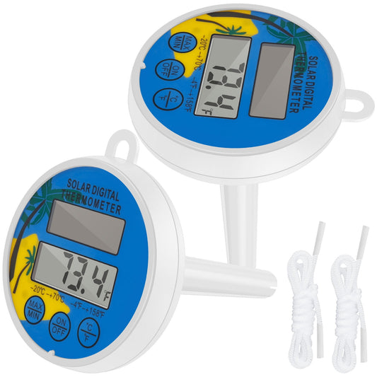 2 Pcs Solar Pool Thermometer Floating Digital Pool Thermometer with Tether Easy Read Swimming Pool Thermometer Solar Powered Pool Temperature Gauge for Spa Hot Tubs Ice Baths Fish Ponds