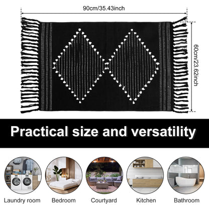 Dznils Black Boho Bathroom Rugs, Farmhouse Geometric Polyester Bath Mat with Tassel, 24" x 35"