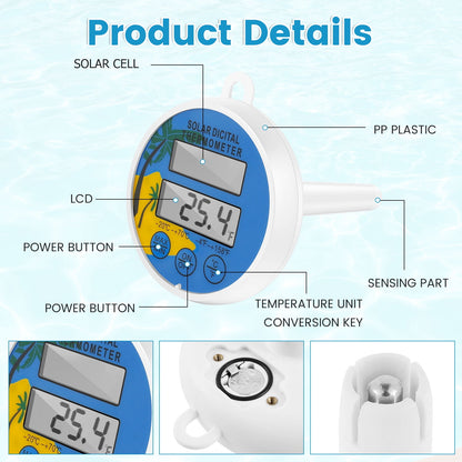 2 Pcs Solar Pool Thermometer Floating Digital Pool Thermometer with Tether Easy Read Swimming Pool Thermometer Solar Powered Pool Temperature Gauge for Spa Hot Tubs Ice Baths Fish Ponds