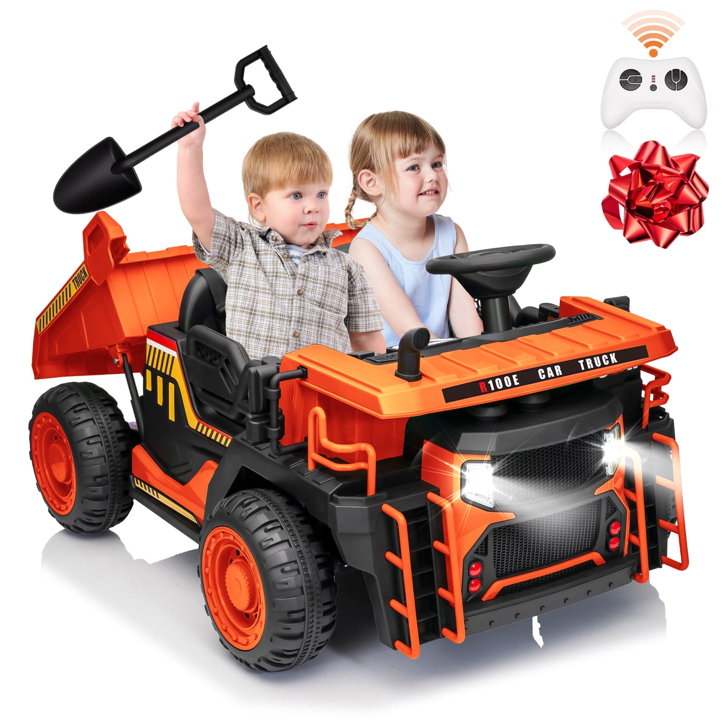 24 Volt Ride On Toys 2 Seater W/ Remote Control ,400W Powered Ride On Dump Truck With Shovel Bluetooth Music Gift For Kids,Orange