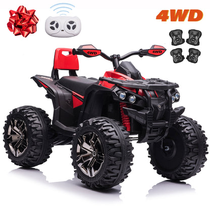 24V Electric Powered Off-Road ATV for Big Kids w/ Remote Control, 4WD Ride on Quad 4-Wheeler, up to 5.5 MPH, Music, Red01