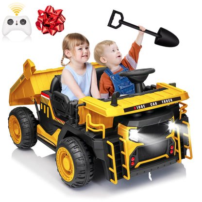 24V Ride on Toys 2 Seater Ride on Dump Truck w/ Remote Control, 2x200W Ride on Truck Car w/ Dump Bed, 3 Speeds, Shovel, Bluetooth/Music, Big Kids, Yellow