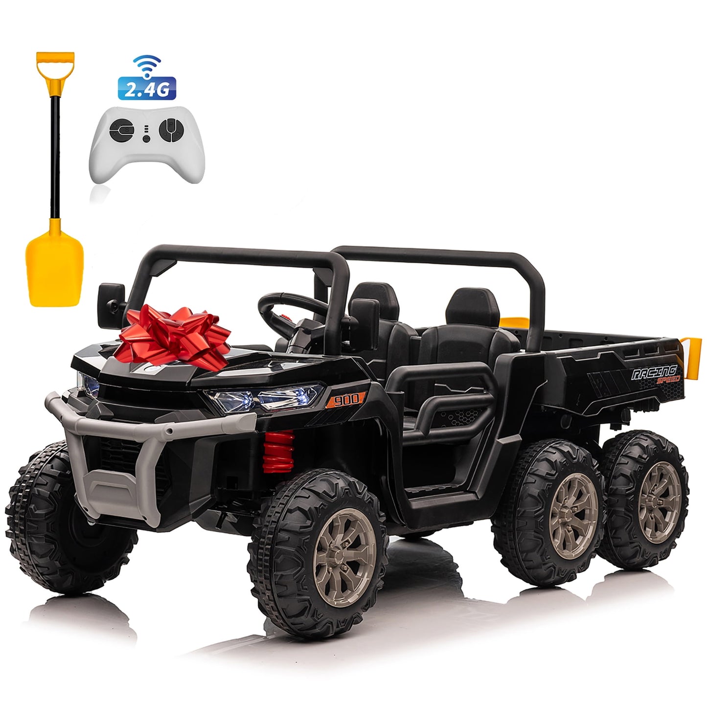 24V Ride on Toys UTV with Remote Control, 4WD 2 Seater Electric Cars for kids,Kids Ride on Dump truck w/ Tipping Bucket Trailer, Shovel, Spring Suspension, Bluetooth Music, Black