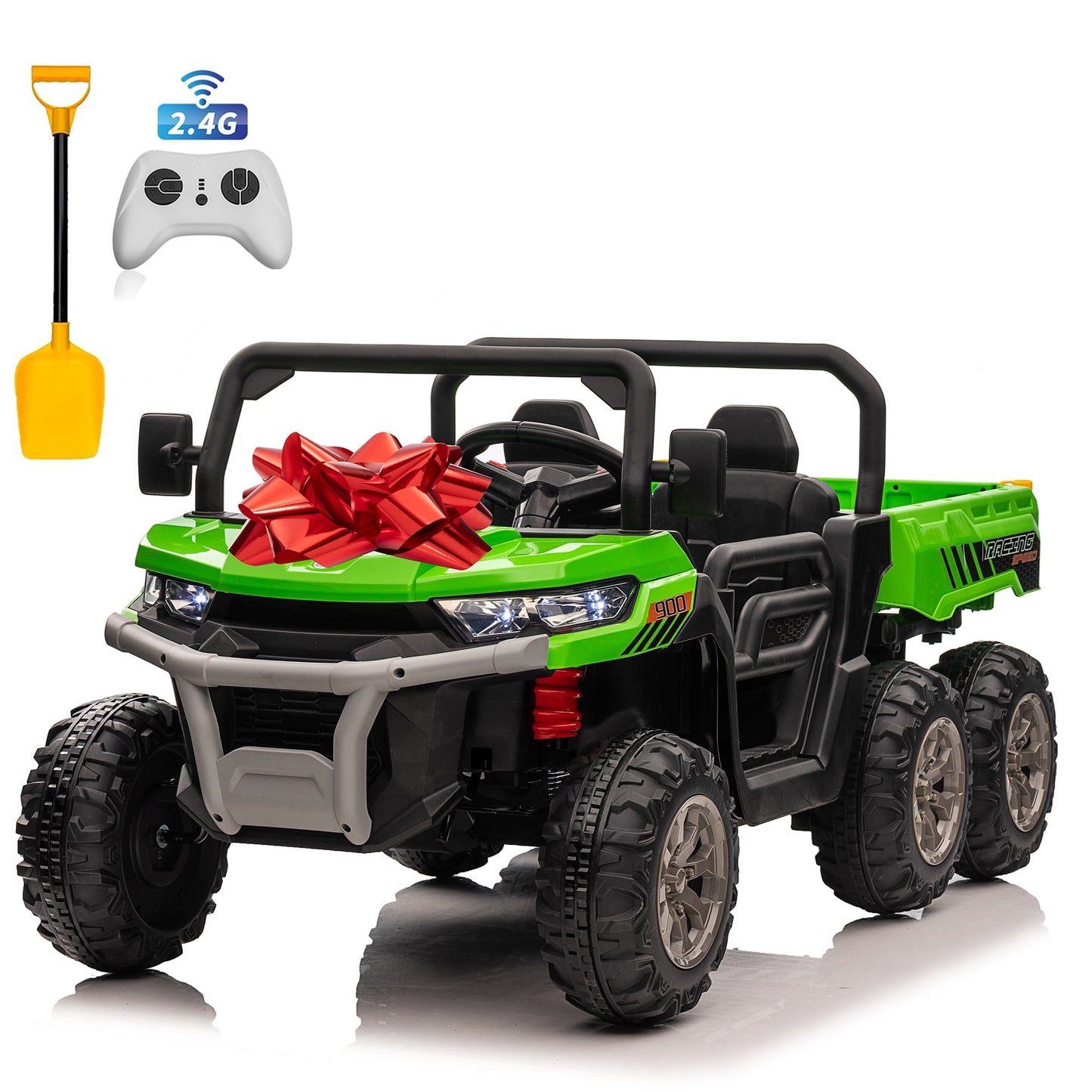 24V Ride on Toys UTV with Remote Control, 4WD 2 Seater Electric Cars for kids,Kids Ride on Dump truck w/ Tipping Bucket Trailer, Shovel, Spring Suspension, Bluetooth Music, Green