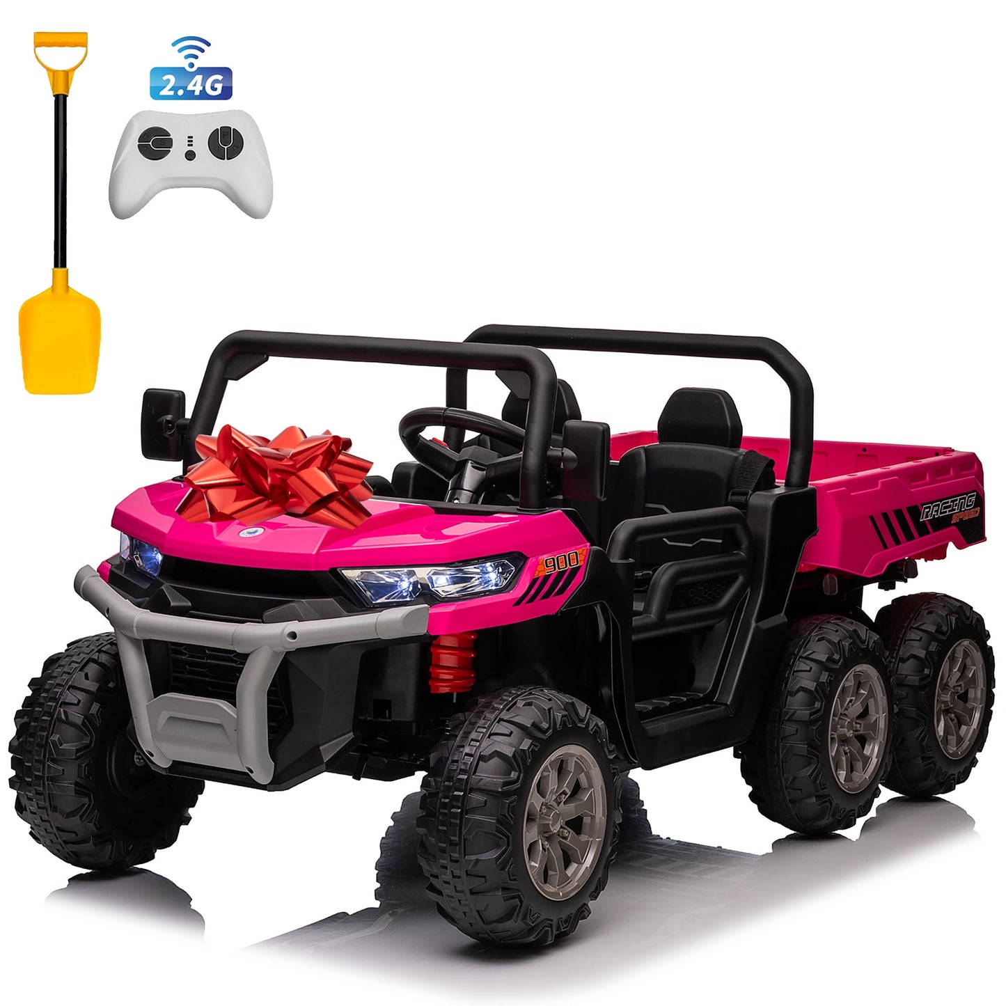 24V Ride on Toys, 2 Seater 4WD Ride on Dump Truck 6-Wheel UTV Car for Big Kids with Trailer Remote Control, Pink