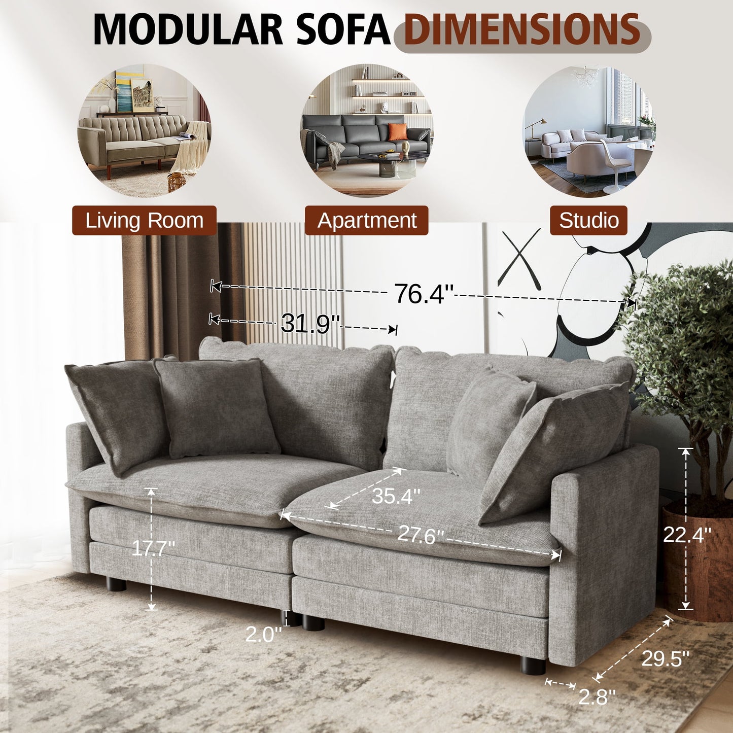 CoolHut Sectional Sofa Couch, 2 Seats Sofa with 4 Pillows, Modern Oversized Sofa Set for Living Room, Gray