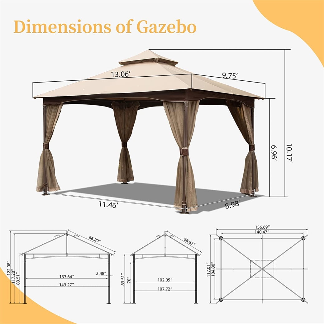 10'x13' Hardtop Gazebo Canopy, Metal Frame Double Roof Soft Top Patio Gazebo Canopy Tent for Deck Backyard Garden Lawns