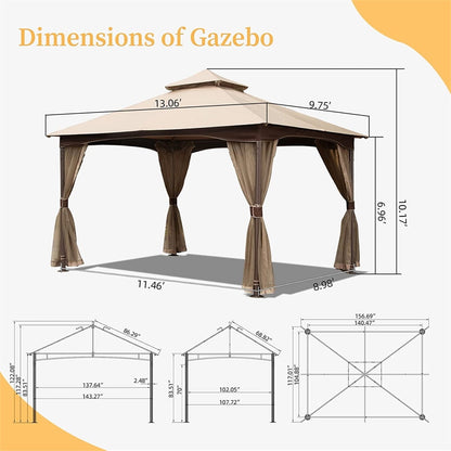 10'x13' Hardtop Gazebo Canopy, Metal Frame Double Roof Soft Top Patio Gazebo Canopy Tent for Deck Backyard Garden Lawns