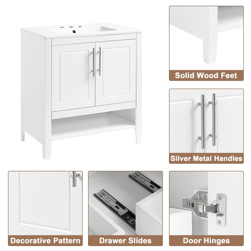 30" Modern Bathroom Vanity with Sink Top,Multi-Functional Wood Bathroom Storage Cabinet with Doors and Drawers,Wood Frame and MDF Board, Large Storage Space,White