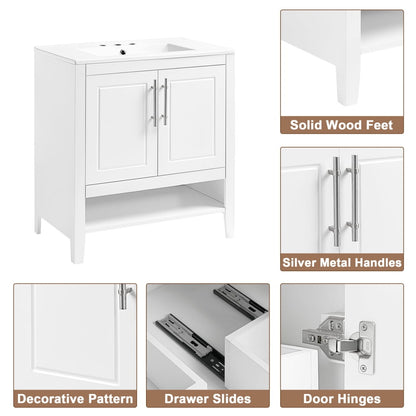 30" Modern Bathroom Vanity with Sink Top,Multi-Functional Wood Bathroom Storage Cabinet with Doors and Drawers,Wood Frame and MDF Board, Large Storage Space,White