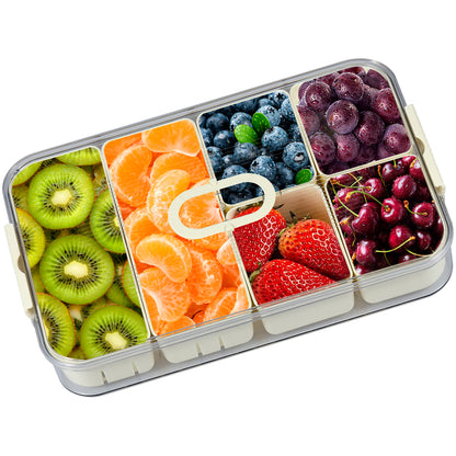 Austok Divided Serving Tray with Sealing Lid Timer 6 Compartment Snackle Box Container Snack Plattersompartment Box with Draining Baskets Clear Organizer for Candy Fruits Nuts Snacks