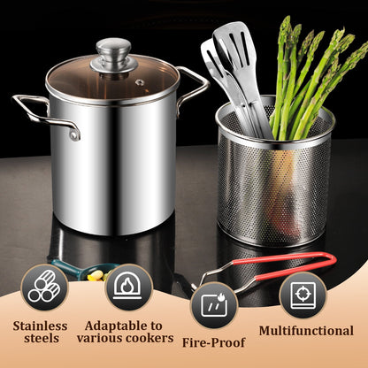 Deep Fryer Pot 304 Stainless Steel Fry Pot with Basket and Lid Food Grade Deep Fryer Multifunctional Deep Frying Pot for Frying Fish Shrimp Chicken French Fries 3.2Quart