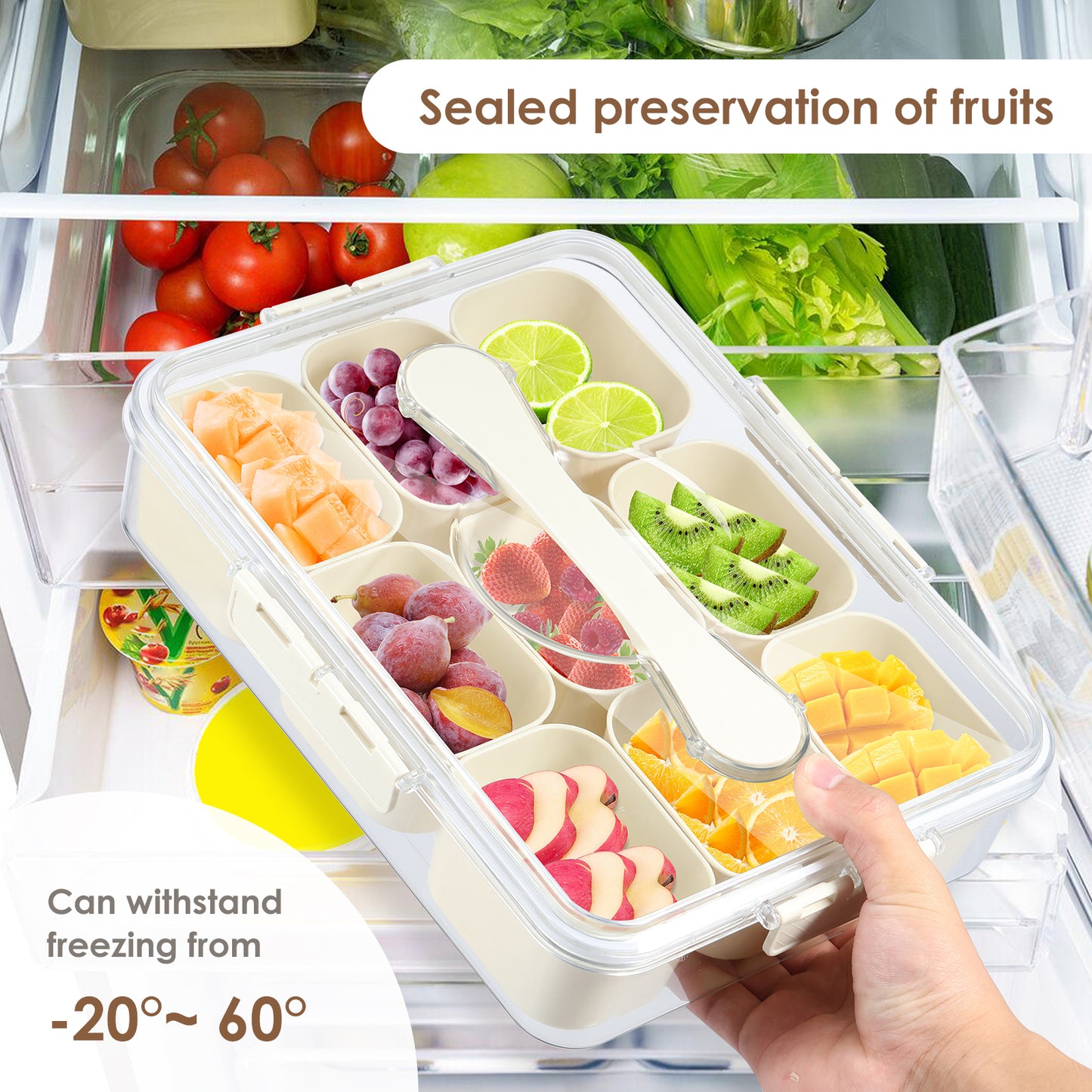 Divided Serving Tray with Lid and Handle, 9 Compartment Removable Snackle Box Container, Snackle Box Snack Tray with Lid, Veggie Spice Tray Charcuterie Boxes Fruit Tray Candy Organizer