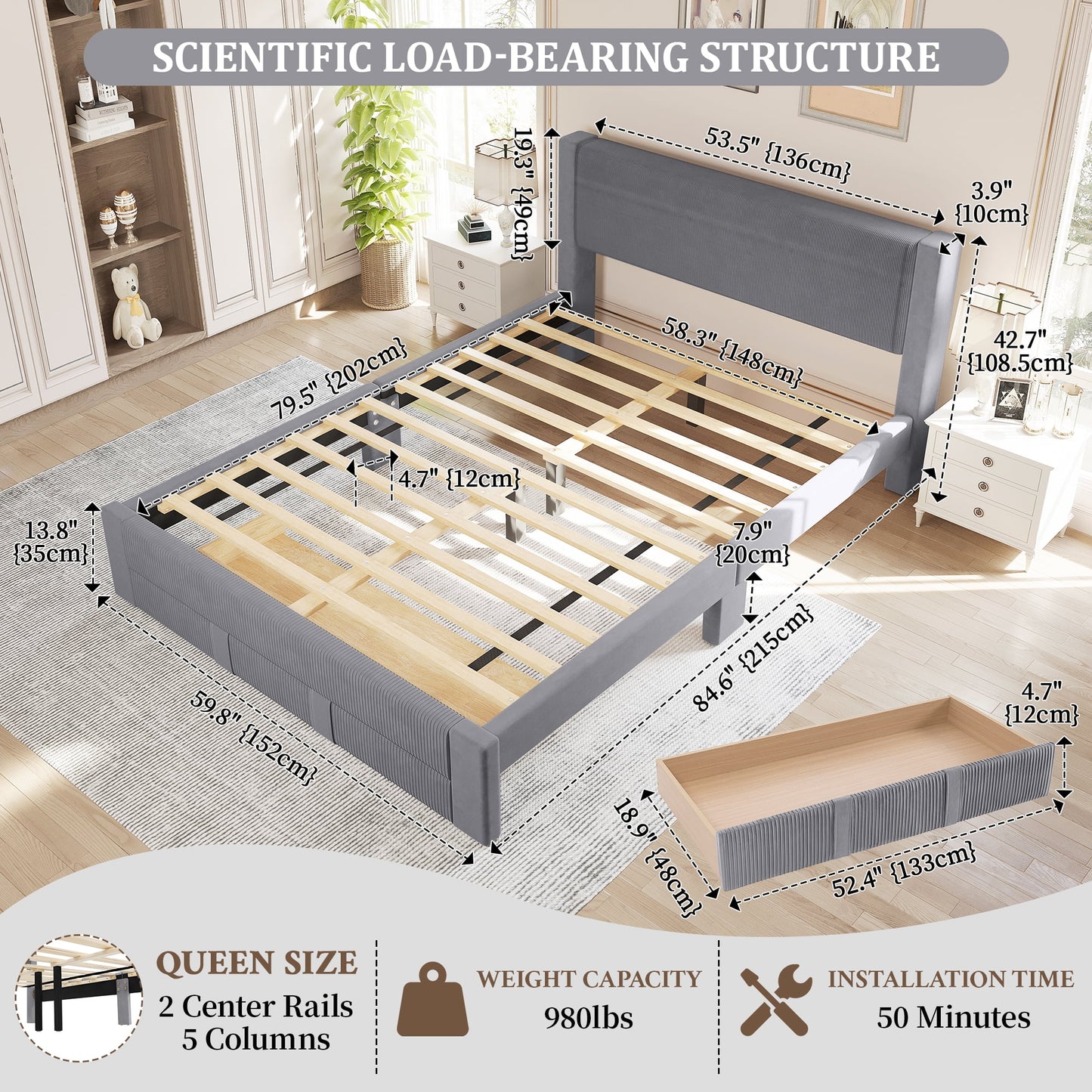 CooHut Queen Bed Frame with Storage Drawers, 12-Slats Solid Wooden Support Bed Frame, Velvet Platform Upholstered Headboard, No Box Spring Needed, Gray