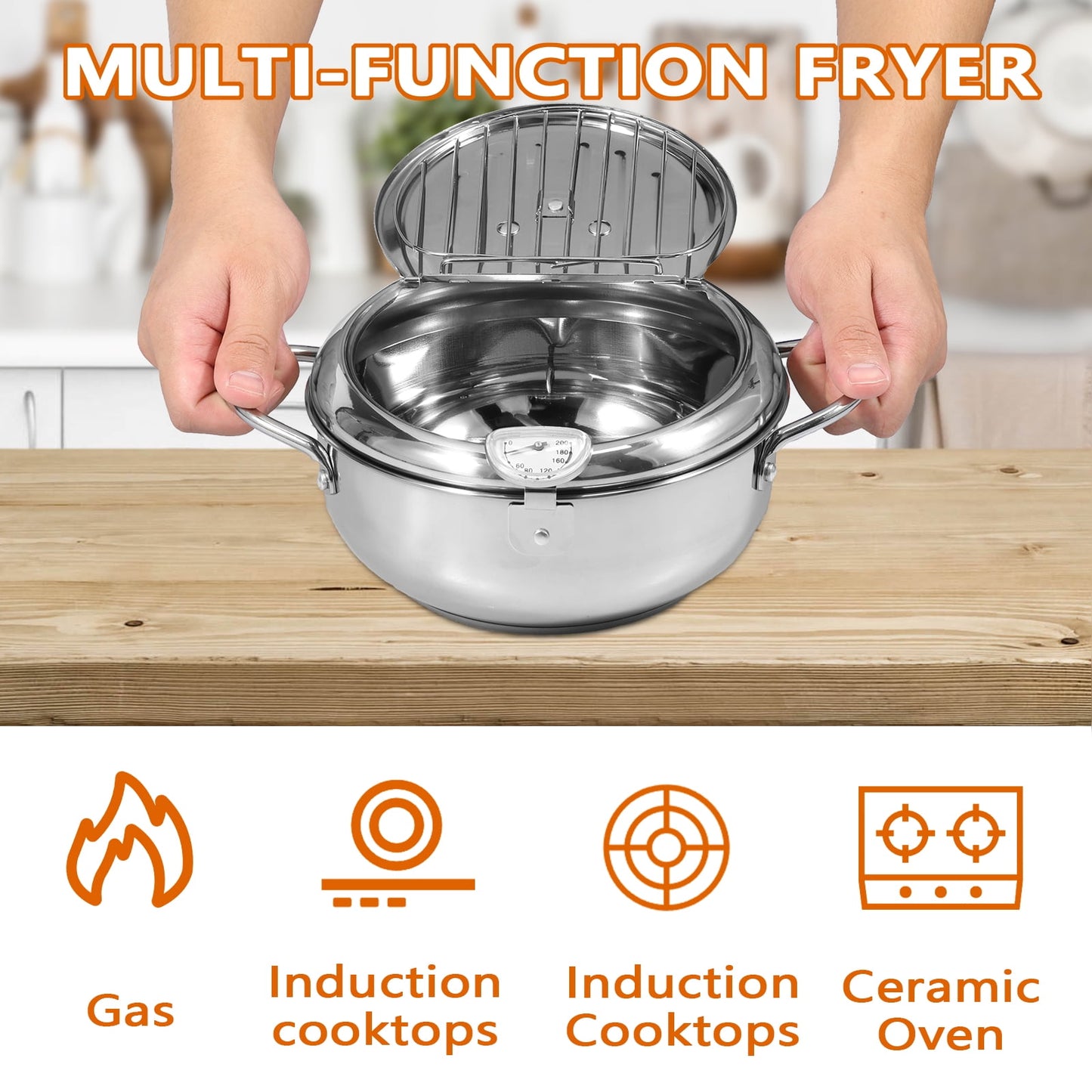 Deep Fryer Pot with Strainer Basket and Thermometer Stainless Steel Deep Frying Pot with Handle 3 Sizes Oil Mini Fryer Dishwasher Safe Deep Frying Oil Container for Frying Fish Shrimp Chicken